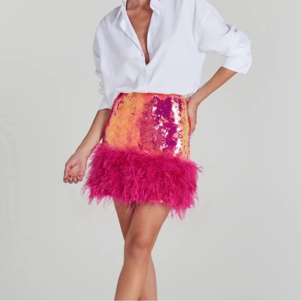 NADINE MERABI Sequin Mini Skirt with Pink Feather Trim